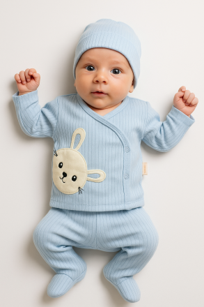 Body pentru bebeluși Nana Baby 0-3 luni, format din 3 piese, cu broderie cu iepuri A38