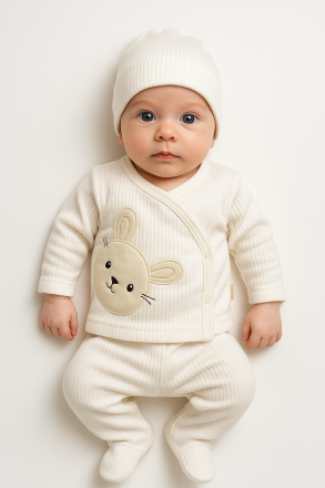 Body pentru bebeluși Nana Baby 0-3 luni, format din 3 piese, cu broderie cu iepuri A38