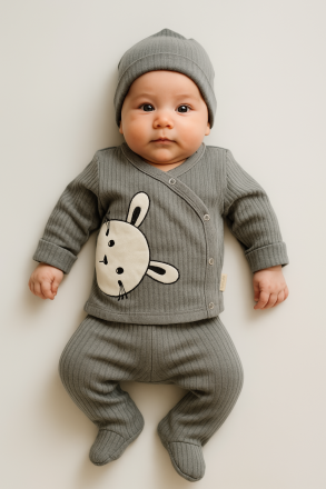 Body pentru bebeluși Nana Baby 0-3 luni, format din 3 piese, cu broderie cu iepuri A38