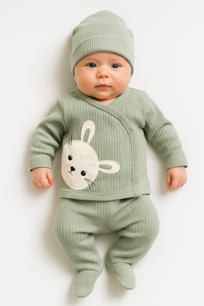 Body pentru bebeluși Nana Baby 0-3 luni, format din 3 piese, cu broderie cu iepuri A38