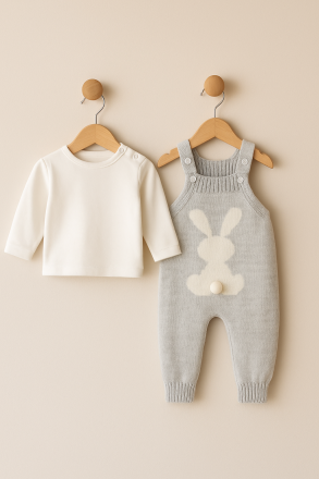 Salopetă tricotată MINIKAY UNISEX 6-9-12 LUNI cu imprimeu de grădinar Iepure A27