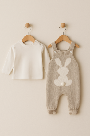 Salopetă tricotată MINIKAY UNISEX 6-9-12 LUNI cu imprimeu de grădinar Iepure A27