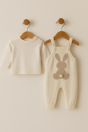 Salopetă tricotată MINIKAY UNISEX 6-9-12 LUNI cu imprimeu de grădinar Iepure A27
