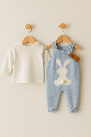 Salopetă tricotată MINIKAY UNISEX 6-9-12 LUNI cu imprimeu de grădinar Iepure A27