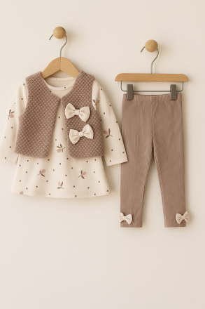 Costum DECO 9-12-18-24-36 luni, 3 piese, cu vestă cu fundă A44