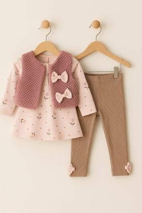 Costum DECO 9-12-18-24-36 luni, 3 piese, cu vestă cu fundă A44