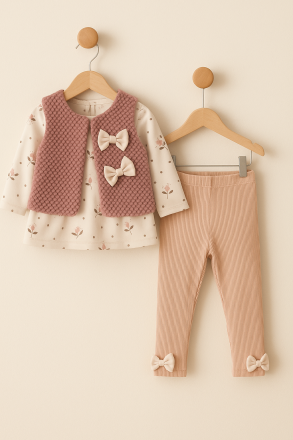 Costum DECO 9-12-18-24-36 luni, 3 piese, cu vestă cu fundă A44