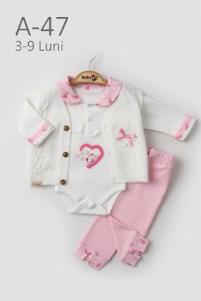 BABYIM Set bebeluși 3–9 luni 3 piese cu cardigan și broderie inimă