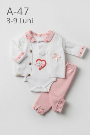 BABYIM Set bebeluși 3–9 luni 3 piese cu cardigan și broderie inimă