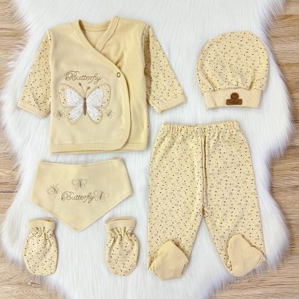 Set Nou-născut Organic Concon 0-3 Luni 5 Piese Brodat Fluture Bej A58