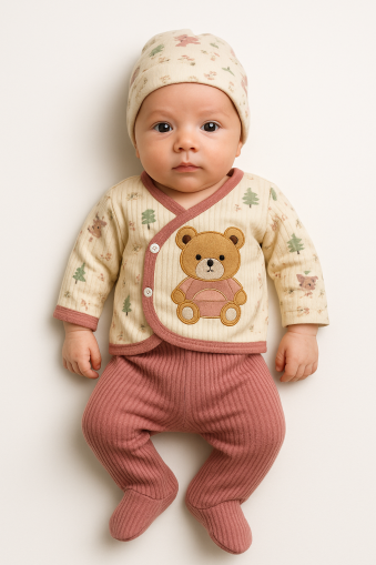 Set body Zem Baby 0-3 luni, 3 piese, model ursuleț de pluș A38