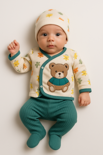 Set body Zem Baby 0-3 luni, 3 piese, model ursuleț de pluș A38