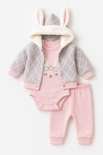 Set de 3 piese pentru bebeluși cu brodat iepure Babyim 0-3-6-9 luni A50