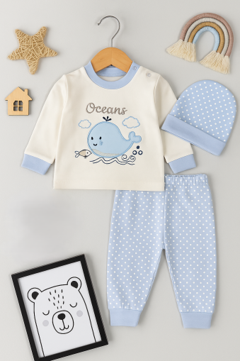 Set bebelus INCI 0-3-6-9 luni imprimat ocean 3 piese
