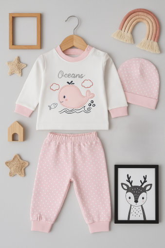 Set bebelus INCI 0-3-6-9 luni imprimat ocean 3 piese