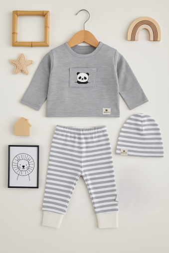 Set bebeluși BABYHM 0-3-6-9-12 luni cu imprimeu de panda, format din 3 piese