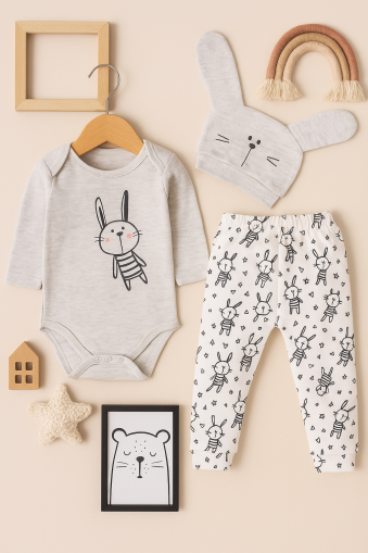 Set 3 piese Monello 3-6-9 luni din bumbac pieptănat, imprimeu iepure A32