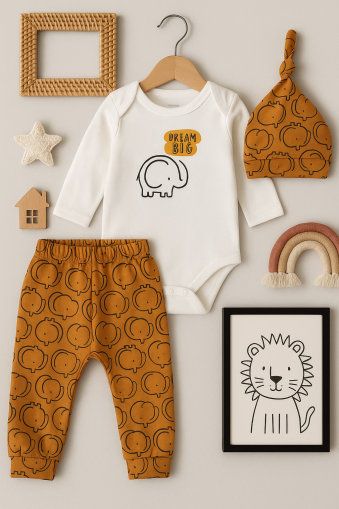 Set 3 piese Monello 3-6-9 luni din bumbac pieptănat, imprimeu cu elefant A32