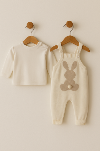 Salopetă tricotată MINIKAY UNISEX 6-9-12 LUNI cu imprimeu de grădinar Iepure A27