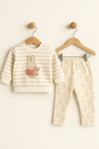 Set bebeluși Bip Baby 6-9-12-18 luni, cu dungi și broderie de iepure A30