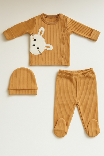 Body pentru bebeluși Nana Baby 0-3 luni, format din 3 piese, cu broderie cu iepuri A22