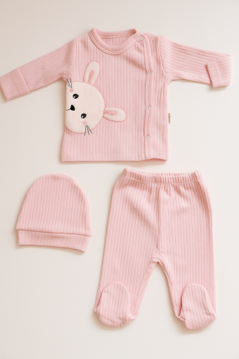 Body pentru bebeluși Nana Baby 0-3 luni, format din 3 piese, cu broderie cu iepuri A22