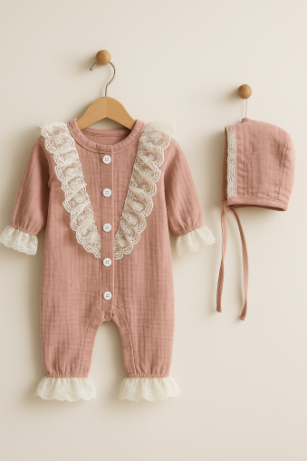 SALOPĂ CU MÂNECĂ ȘI GULER DIN DANTELĂ DE LA MURAT 0-3-6-9-12 LUNI A29