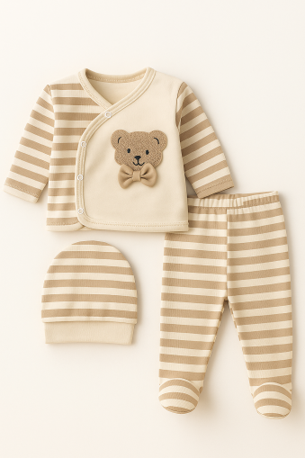 Set nou-născut GONCA ZEN 0/3 luni, format din 3 piese, cu papion și dungi A20