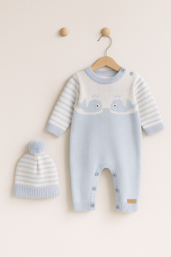 Salopetă tricotată ULUDAĞ cu pălărie tip balenă pentru copii 6-9-12 luni A29