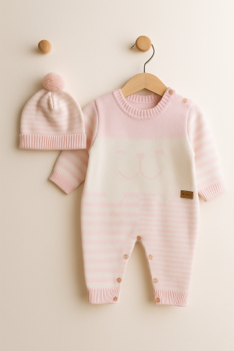 Tricotaj ULUDAĞ 6-9-12 luni, salopetă cu pălărie și tricotaj, cu dungi A29