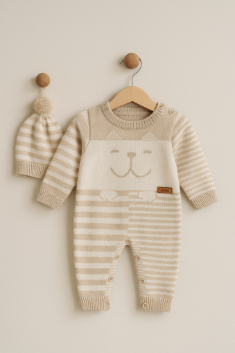 Tricotaj ULUDAĞ 6-9-12 luni, salopetă cu pălărie și tricotaj, cu dungi A29