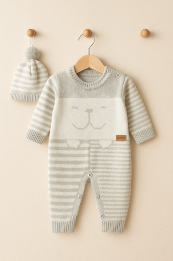 Tricotaj ULUDAĞ 6-9-12 luni, salopetă cu pălărie și tricotaj, cu dungi A29