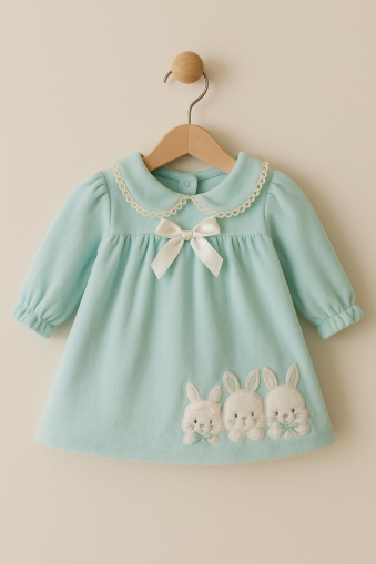 ROCHIE DE CATIFEA BRODATĂ CU IEPURE 6-9-12 Luni A29