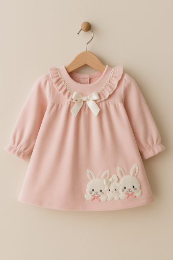 ROCHIE DE CATIFEA BRODATĂ CU IEPURE 6-9-12 Luni A29