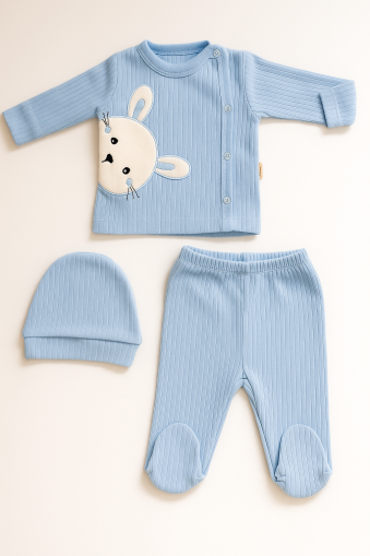 Body pentru bebeluși Nana Baby 0-3 luni, format din 3 piese, cu broderie cu iepuri A22