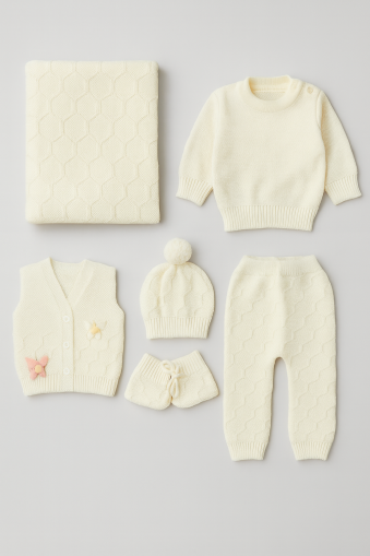 SET TRICOTAJ İNCİLAY 0-3 LUNI CU FLUTURI A54