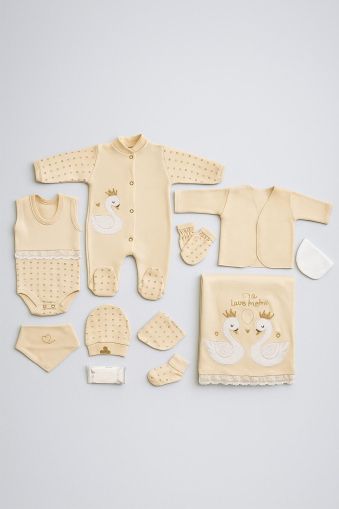 Set Concon pentru nou-născuți organici, 0-3 luni, cu 5 piese, cu broderie cu lebădă A85