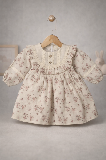 ROCHIE BYMURAT CU IMPRIMEU FLORAL ȘI GULER DE DANTELĂ 3-6-9-12-18-24 LUNI A35