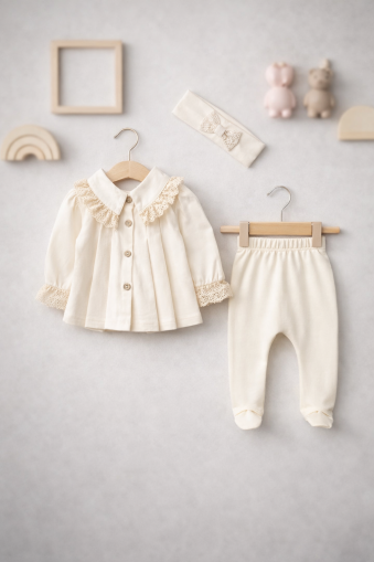 SET BABY AURA 0-3 LUNI, 3 PIESE, CU TIVUL DIN DANTELĂ LA GULER A34