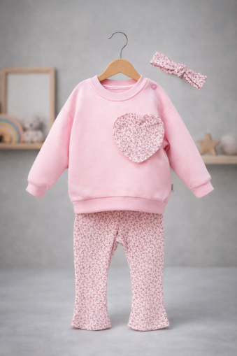 Set pat plat CİCİBEN pentru copii, 6/24 de luni, cu imprimeu floral și inimă, în stil spaniol A29