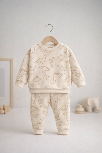 Costum simplu cu imprimeu dinozauri pentru copii CİCİBEN 6/24 luni A26