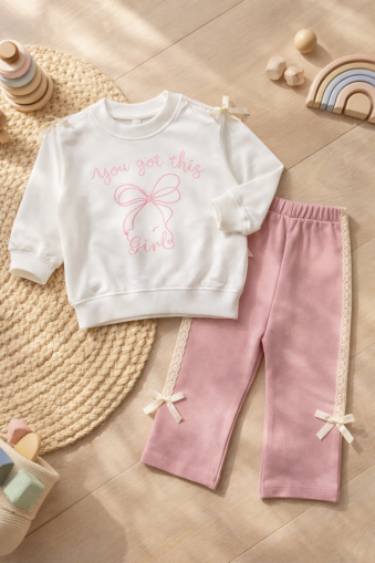 Costum BYMURAT 6/24 luni cu imprimeu „YOU GOT THIS GIRL” și funde A26