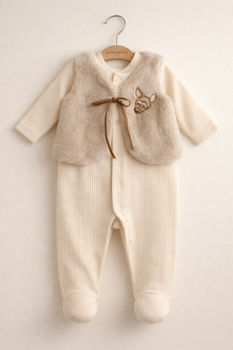 Salopetă tip vestă BYMURAT, 0-3-6-9-12 luni, brodată cu cerbi, A29