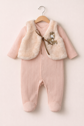 Salopetă tip vestă BYMURAT, 0-3-6-9-12 luni, brodată cu cerbi, A29