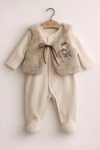  Salopetă tip vestă BYMURAT, 0-3-6-9-12 luni, brodată cu cerbi, A29