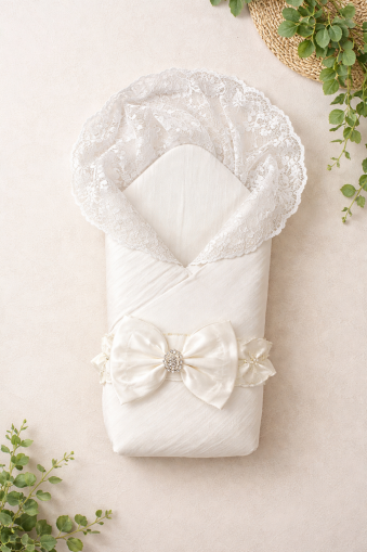 Păturică de înfășat pentru bebeluși Tomuycuk cu dantelă și fundiță elegantă A95