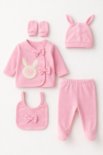 SET DE 5 PIESE SERDE BABY 0-3 LUNI CU IEPURE APLICAT A25