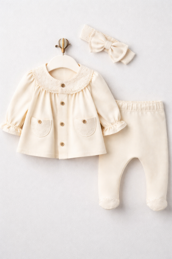 SET DE 3 PIESE BABY AURA 0-3 LUNI CU DANTELĂ ȘI BUZUNARE A36