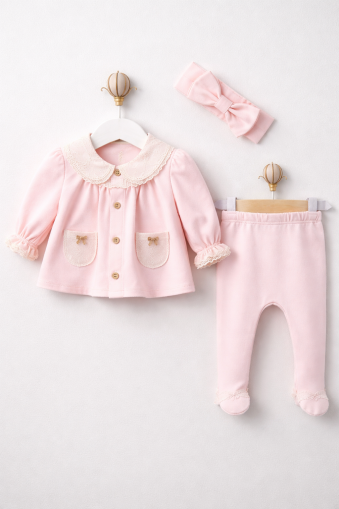 SET DE 3 PIESE BABY AURA 0-3 LUNI CU DANTELĂ ȘI BUZUNARE A36