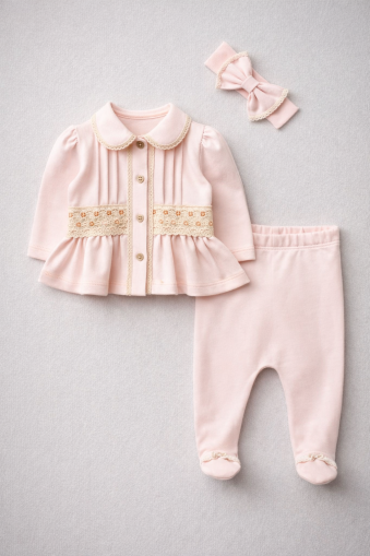 SET DE 3 PIESE BABY AURA 0-3 LUNI CU DANTELĂ ȘI BUZUNARE A34